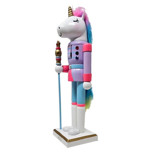 Pastel Rainbow Unicorn Christmas Wood 13" Nutcracker - Picture 2 of 5